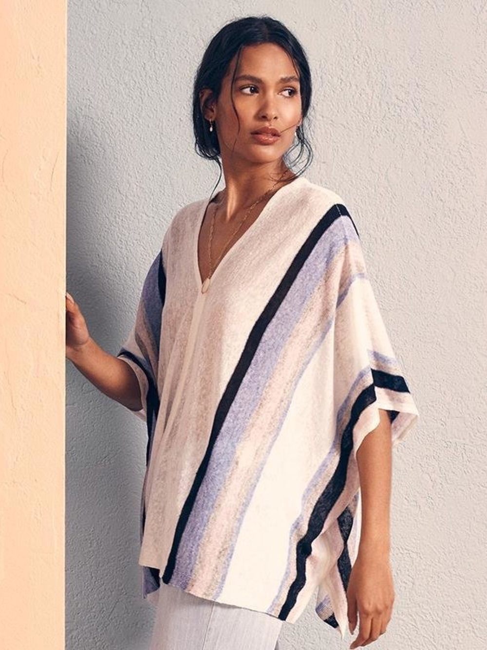 White + Warren Linen Cream V-Neck Tank Top Tunic Blue, Pink & Black Stripes XS/S